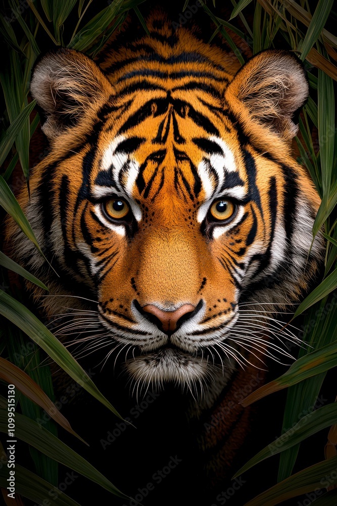Fototapeta premium A striking close-up of a tiger's face surrounded by lush green foliage, showcasing its vibrant orange fur and intense gaze.