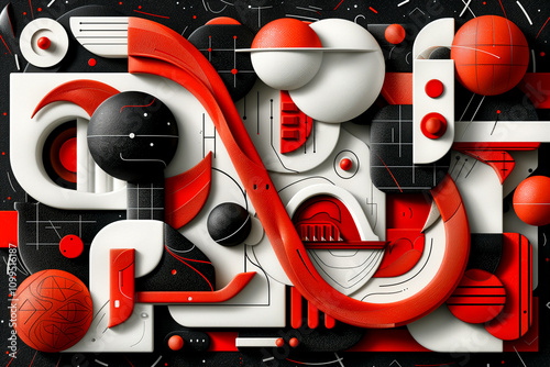 A colorful abstract painting with many different shapes and sizes of red
