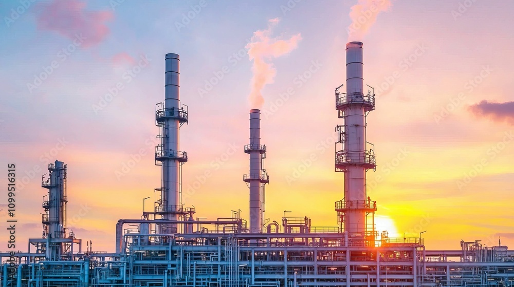 Fototapeta premium petroleum oil and distribution concept, A vibrant industrial scene at sunset, showcasing tall chimneys emitting steam against a colorful sky.
