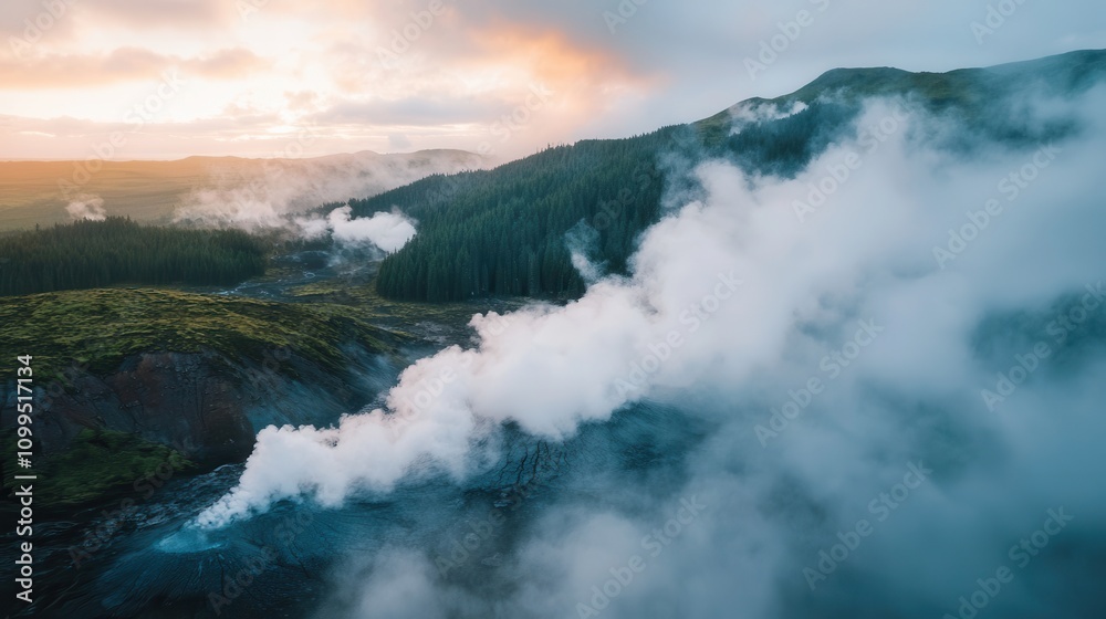 Obraz premium Majestic geothermal landscape with steam and lush forests