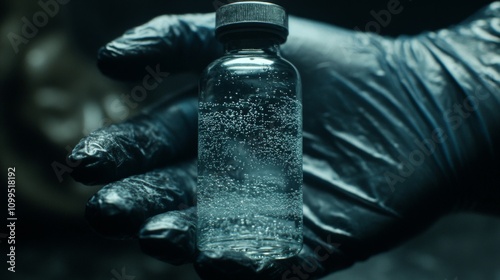 Gloved Hand Holds Small Vial Filled With Liquid photo