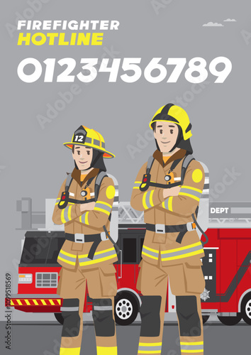 firefigthers male and female standing with complete uniform helmet gears in front of red color fire engine truck with hotline numbers