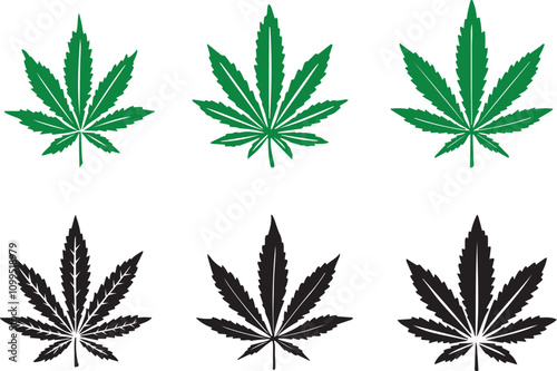 cannabis leaf vector illustration. Cannabis leaf black and green silhouette, icon.