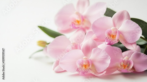 Simple blank card beside a bouquet of pastel flowers, creating a soft, romantic feel on white.