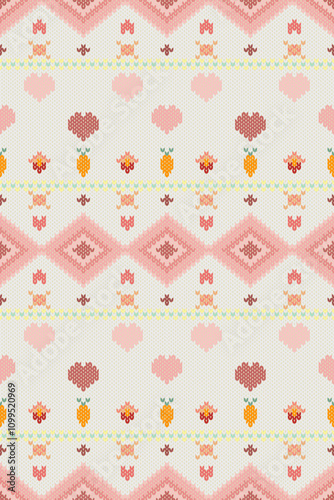 Ikat cross stitch geometric embroidery seamless knitted pattern on damask background. Perfect decorative design for sweater, fabric, decoration, illustration, ornament, texture, textile, interior
