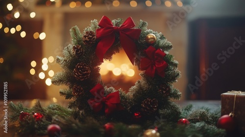 Festive Christmas Wreath Adorns Fireplace Mantle