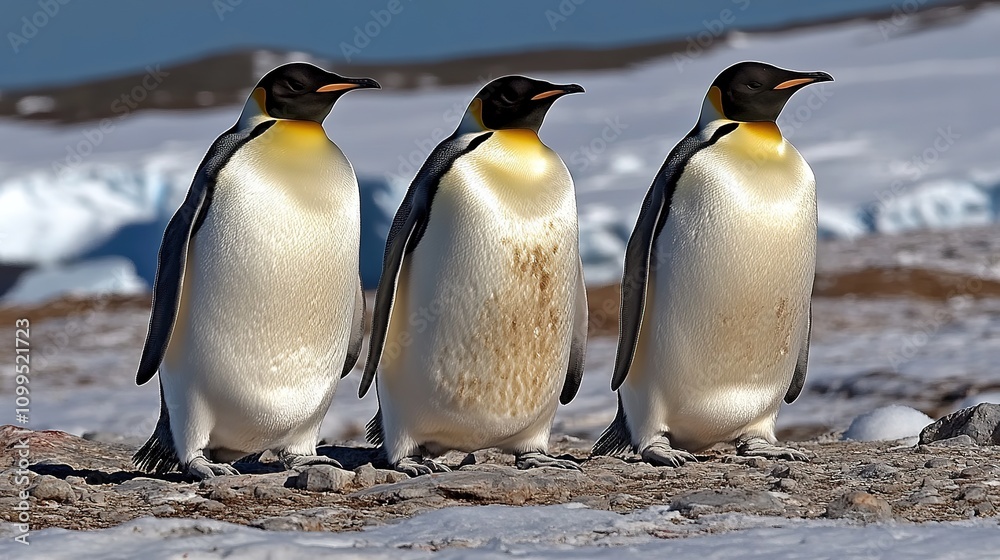 Fototapeta premium Three penguins standing on a rocky shore