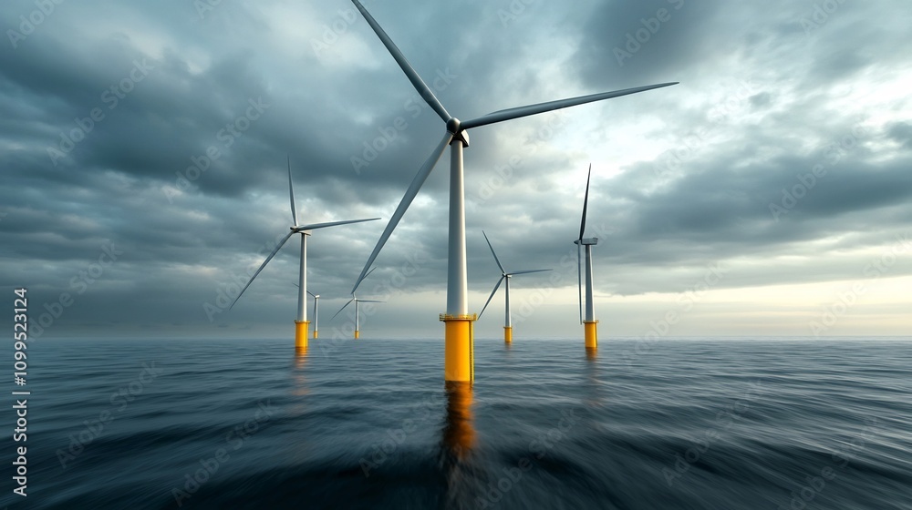Fototapeta premium Dramatic offshore wind farm with majestic wind turbines reaching skyward their blades slicing through the air and reflecting the movement of the rolling ocean waves