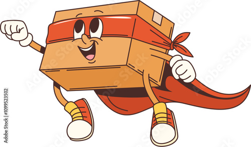 Groovy delivery cardboard box cartoon superhero character. Vector post service or express shipping retro personage. Isolated funny parcel, pack wearing red cape and sneakers, flying with raised fist