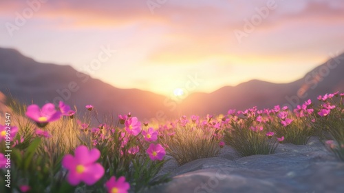 Serene Sunset Over Mountainous Landscape with Blooming Flowers