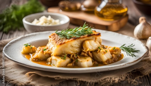 Bacalao al pil pil traditional tapa from north Spain. Codfish cooked with a delicious sauce made with oil, codfish and garlic.
 photo