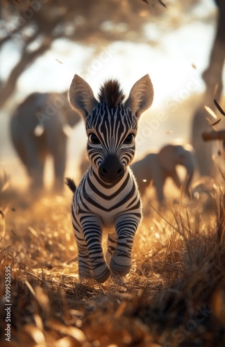 Here's a description and keywords for your image.. Adorable baby zebra foal walking towards camera in golden savanna light, elephants in background. photo