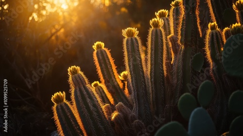 Golden Hour Glow on Desert Cacti - Serenity in Nature's Embrace