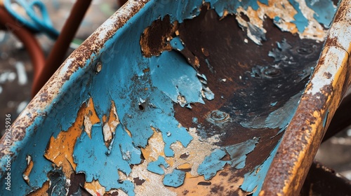 A close-up of a broken, rusting playground slide with peeling paint and graffiti, Representing the decline of public recreational spaces