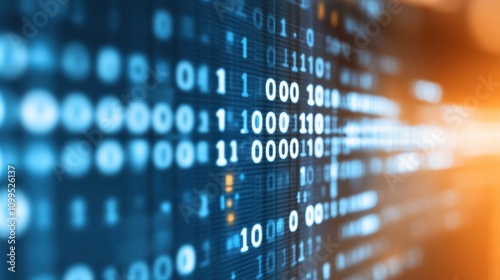 Blurred binary numbers with a blue and orange glow, representing data processing, digital technology, and futuristic computing themes. photo