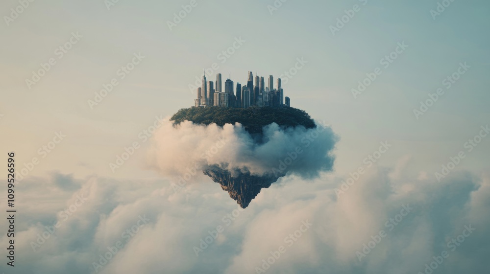 Fototapeta premium A surreal image of a futuristic city resting atop a cloud, blending fantasy elements with urban architecture in the sky.