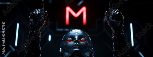 The backdrop of a 3D humanoid AI robot in the metaverse cyberspace digital world, symbolizing the revolution of AI stock in the automated digital technology industry 4.0. photo