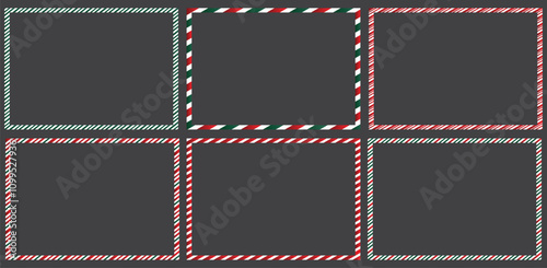 Candy cane gradient frames set christmas. Collection of Xmas striped border with copyspace. Rectangle background for banner or christmas card. Vector, holiday wallpaper illustration.