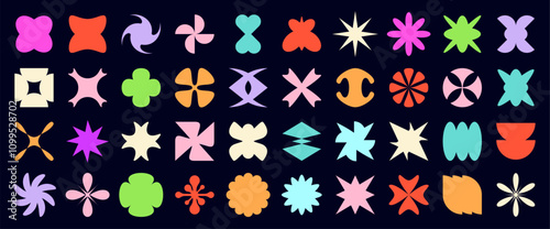 Y2K brutalism shapes vector set. Vibrant modern abstract forms with vivid and bold colors, evoking nostalgia vibe from the early 2000s aesthetic. Futuristic brutal geometric figures, surreal symbols
