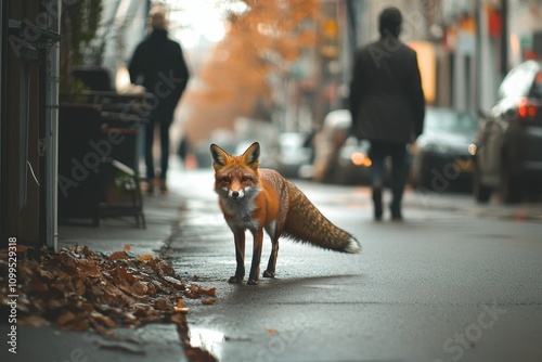 Red fox on city street, autumn leaves.