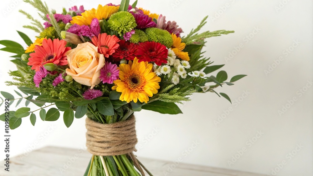 Fototapeta premium Vibrant mix of colorful flowers arranged in a lush bouquet with soft green foliage and wrapped in brown twine, mixed flowers, fresh cut flowers, floral wreath