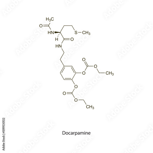 Docarpamine flat skeletal molecular structure Dopaminergic agent drug used in heart failure treatment. Vector illustration scientific diagram.