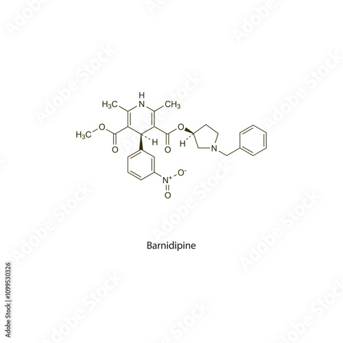 Barnidipine flat skeletal molecular structure Calcium chanel blocker CCB drug used in hypertension treatment. Vector illustration scientific diagram.