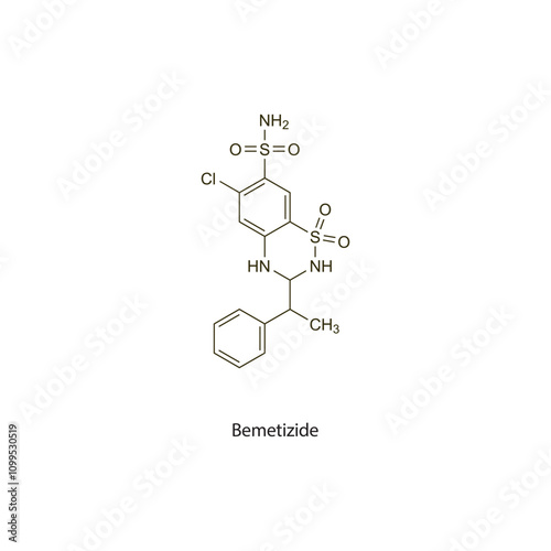 Bemetizide flat skeletal molecular structure Thiazide diuretic drug used in hypertension, oedema treatment. Vector illustration scientific diagram.