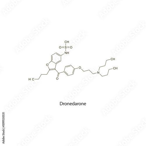 Dronedarone flat skeletal molecular structure Class III antiarrhythmic drug used in arrhythmia treatment. Vector illustration scientific diagram.