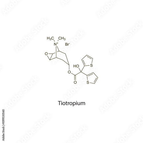 Tiotropium Bromide flat skeletal molecular structure Anticholinergic drug drug used in COPD, Asthma treatment. Vector illustration scientific diagram.