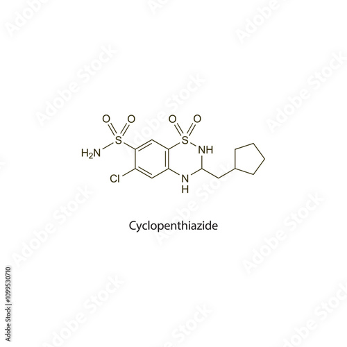 Cyclopenthiazide flat skeletal molecular structure Thiazide diuretic drug used in hypertension, oedema treatment. Vector illustration scientific diagram.