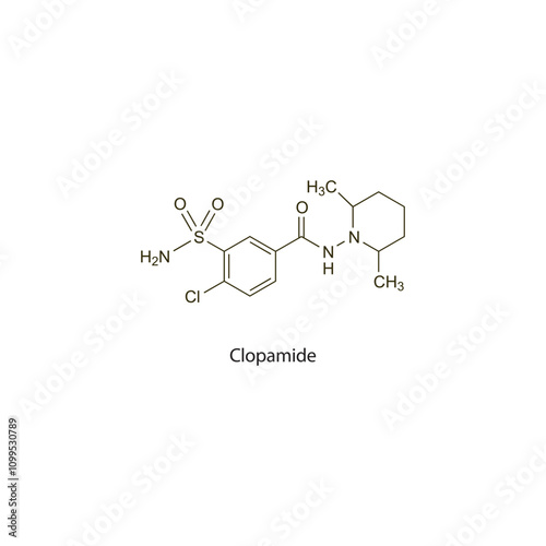 Clopamide flat skeletal molecular structure Thiazide diuretic drug used in Oedema treatment. Vector illustration scientific diagram.