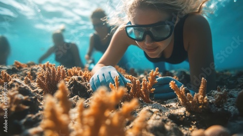 Coral reef conservation project, volunteers planting coral, vibrant ocean tones, sunny atmosphere