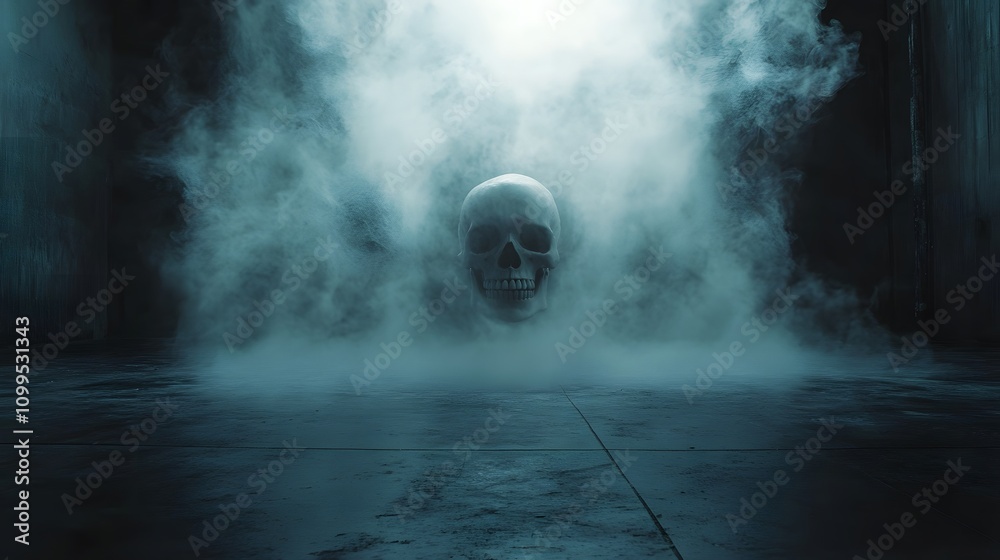Obraz premium A Human Skull Floats in Eerie Blue Smoke