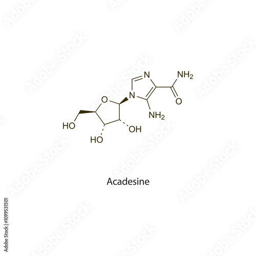 Acadesine flat skeletal molecular structure Adenosine-regulating agent drug used in myocardial ischaemia treatment. Vector illustration scientific diagram.