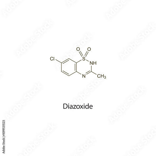 Diazoxide flat skeletal molecular structure vasodilator drug used in hypoglycaemia, hypertensive crises treatment. Vector illustration scientific diagram.