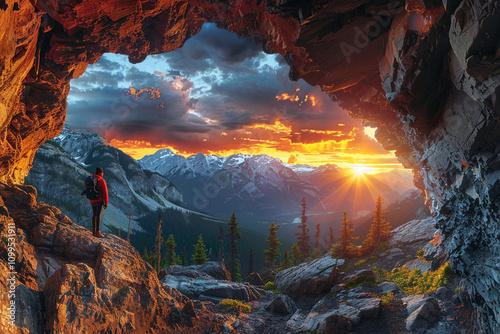 A daring hiker stands at the entrance of a cave, overlooking the rugged rocky mountains under a breathtaking sunset sky in British Columbia, Canada.