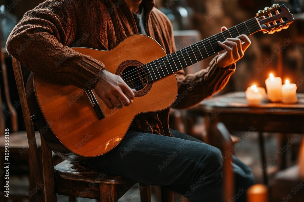 Obraz premium Person playing acoustic guitar, candlelight ambiance.