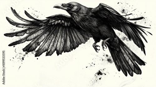 Black and white ink illustration of a flying raven with artistic splatters. Perfect for dark art, nature-inspired designs, or gothic-themed projects photo