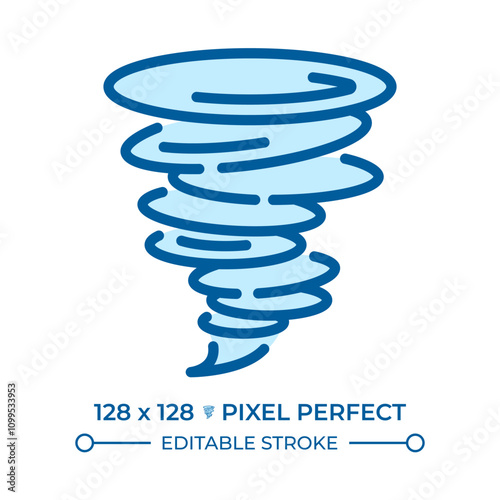 Tornado RGB color icon. Weather forecast. Swirling wind funnel. Windstorm. Destructive force of nature. Severe weather. Isolated vector illustration. Simple filled line drawing. Editable stroke