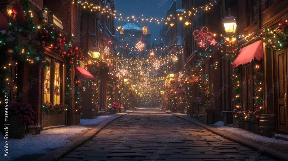 Fototapeta premium Festive Christmas Street Scene With Snow and Lights