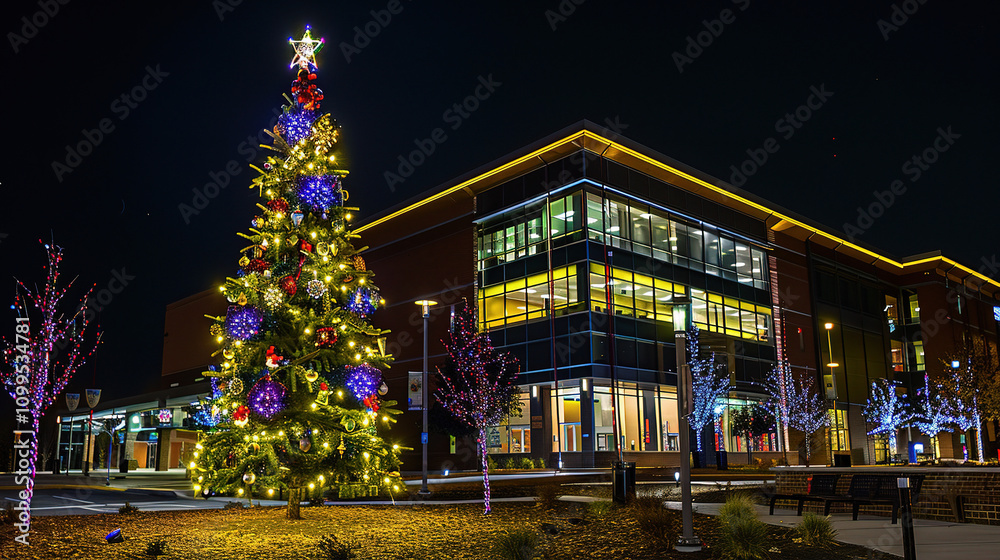 Obraz premium The Enchanting Christmas Tree Beside the Office Building in Snowfall