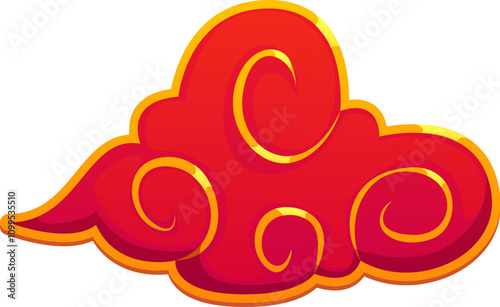 Bright red swirling cloud with golden outline, symbolizing traditional Chinese lunar new year holiday motifs in art and festivals. Isolated cartoon vector decorative cloud evoke harmony and prosperity