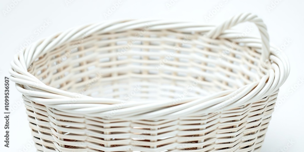 Obraz premium Woven wicker basket in white with no handle featuring a unique woven pattern on the side, kitchen utensil holder, decorative basket