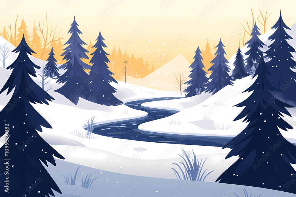 Naklejka premium Winter Wonderland Scene illustration with Snow Covered Trees and Frozen River