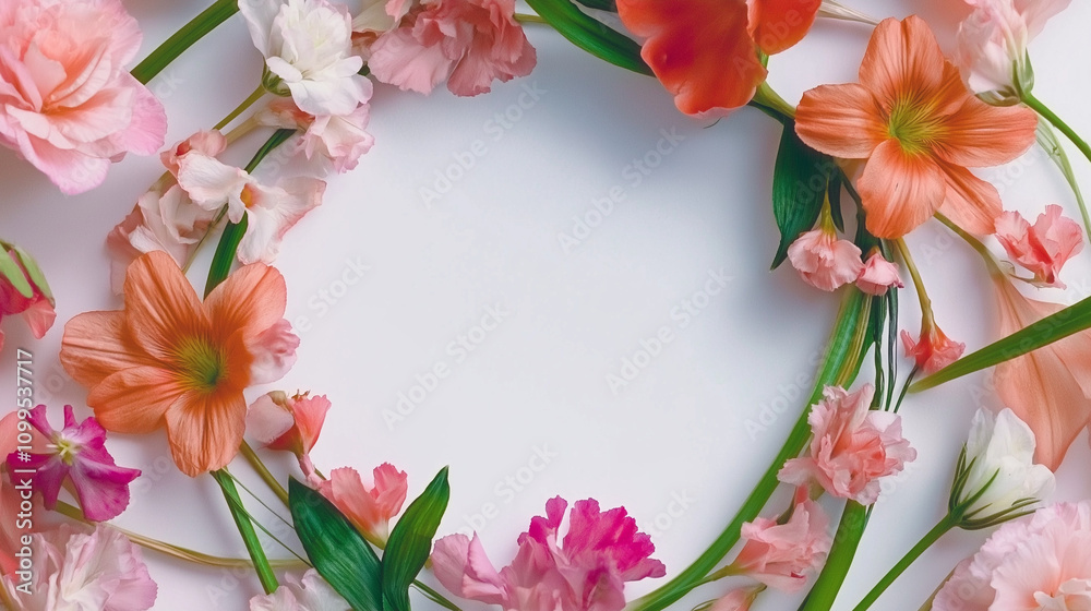 Fototapeta premium Delicate floral wreath with pastel flowers surrounding a blank space