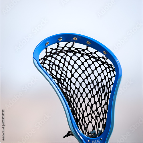 A lacrosse stick with a blue head and netting, designed for playing the sport. photo