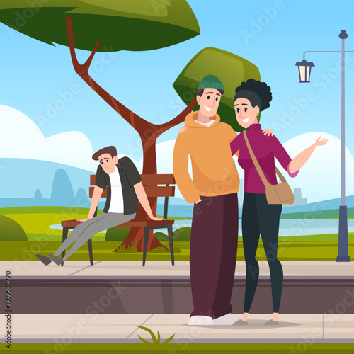 loneliness. sad man sitting in park and suffering break up girl outdoor vector background