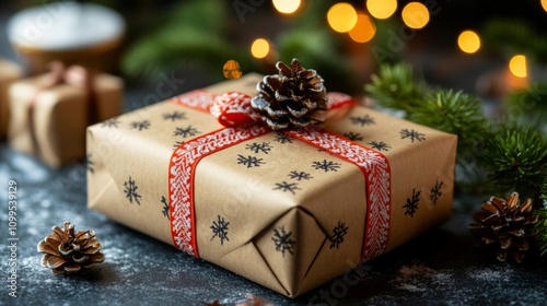A Beautifully Wrapped Christmas Gift With Pine Cone