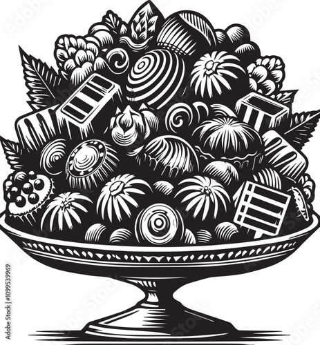 Ornate Bowl of Assorted Chocolates in Vintage Style. A black and white, vintage-style illustration of a decorative bowl overflowing with various chocolates.